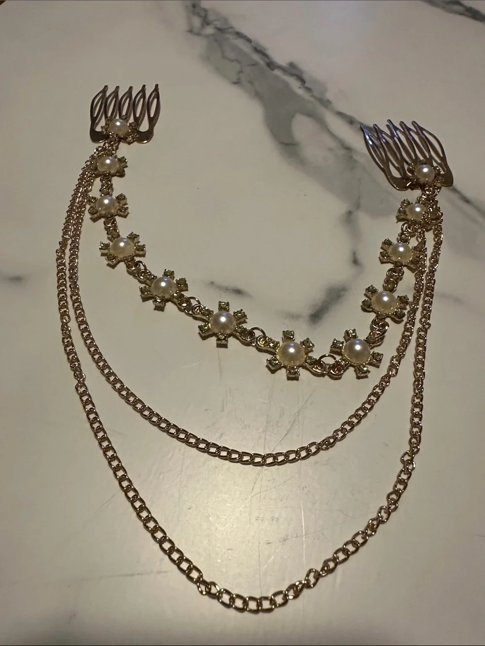 Gold Tone Pearl Floral Chain Hair Accessory